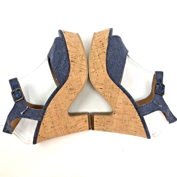 14th & Union Sandals Womens 8.5M Blue Fabric Peep Toe Slingback Chunky Cork Heel - Picture 5 of 9